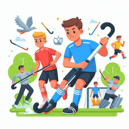 Soccer players team flat vector illustration. Cartoon soccer players with sticks and ball on field.のイラスト素材
