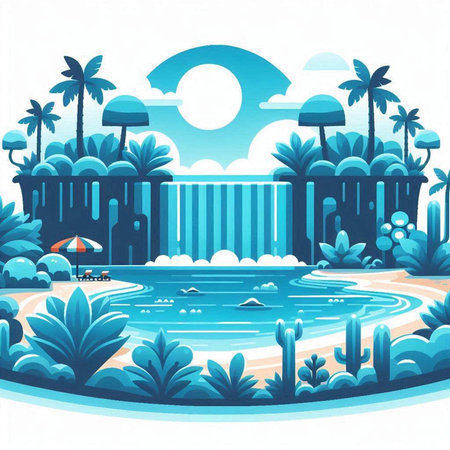 vector illustration of a summer landscape with palm trees and swimming pool.のイラスト素材