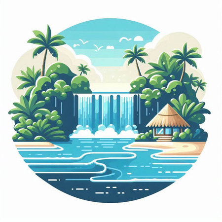 Waterfall on the tropical island. Vector illustration in flat style.のイラスト素材
