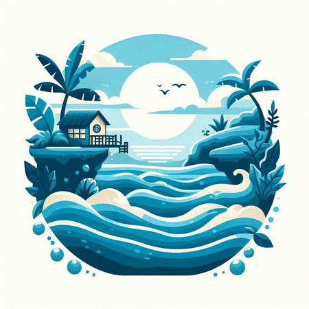 Beautiful seascape with house in the sea. Vector illustration.のイラスト素材