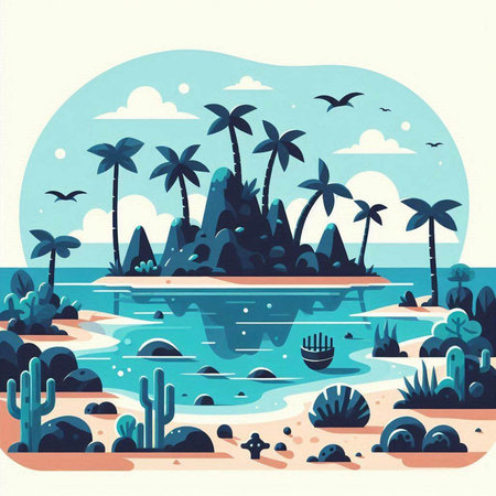 Tropical island with palm trees and cactuses. Vector illustration.のイラスト素材