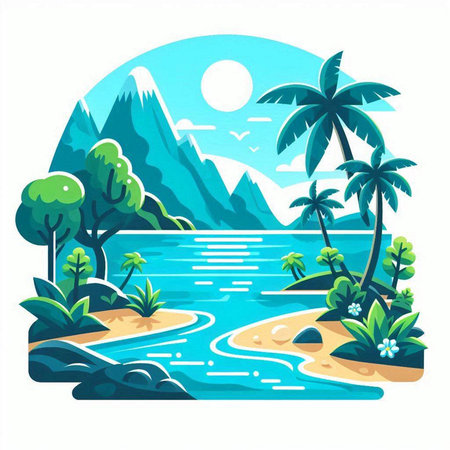 Tropical island with palm trees and lake. Vector illustration.のイラスト素材