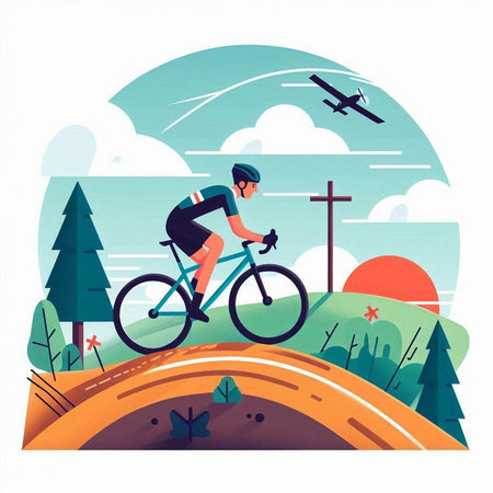 Cyclist riding on the road. Vector illustration in flat styleのイラスト素材