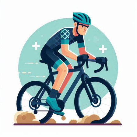 Cyclist Riding Bike Flat Vector Illustration. Cyclist Riding Bike on Rocky Road. Extreme Sport Activityのイラスト素材