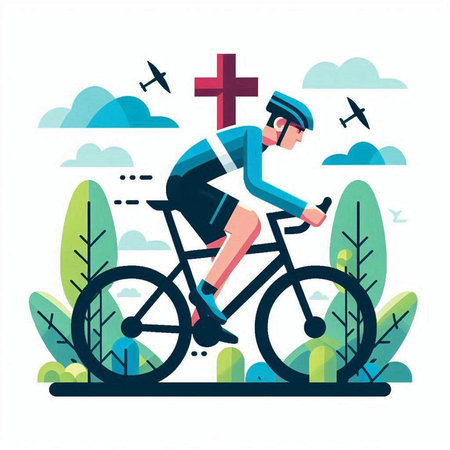 Cyclist riding bicycle in the park. Flat vector illustration.のイラスト素材