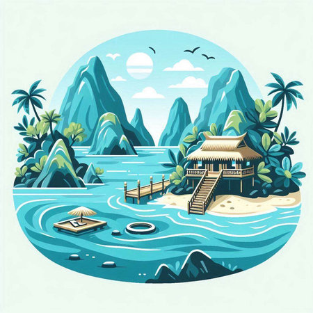 Vector illustration of a tropical island with a wooden bridge over the sea.のイラスト素材