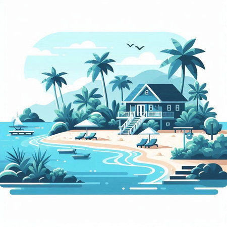 Tropical beach with palm trees and bungalows. Vector illustration.のイラスト素材