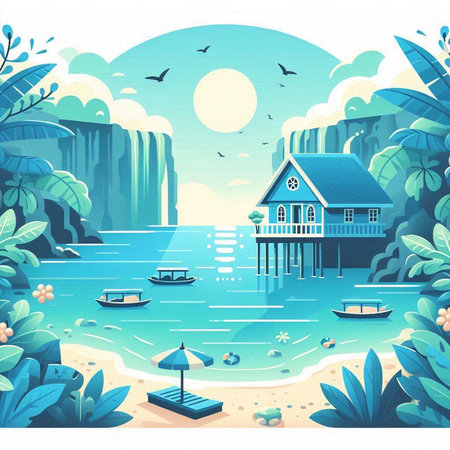 Beautiful summer landscape with a house on the beach. Vector illustration.のイラスト素材