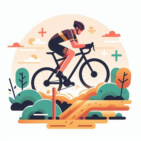 Cyclist riding bicycle in the park. Flat vector illustration.のイラスト素材