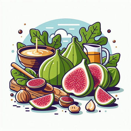 Figs, honey, walnuts and honey in a bowl. Hand drawn vector illustration.のイラスト素材