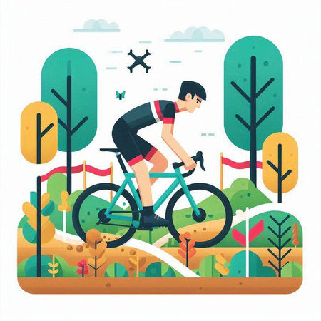 Cyclist riding bicycle in the park. Flat vector illustration.のイラスト素材