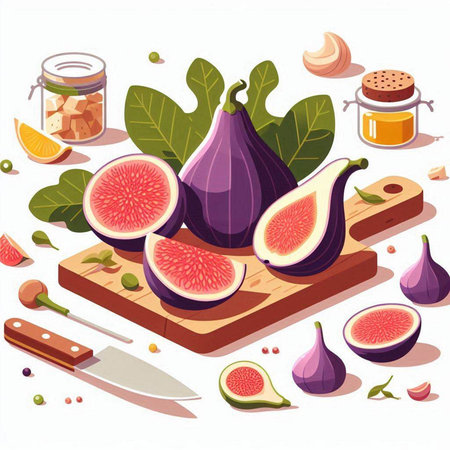 Figs and figs on a cutting board. Vector illustration.のイラスト素材
