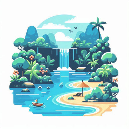 Tropical landscape with waterfall, palm trees and lake. Vector illustrationのイラスト素材