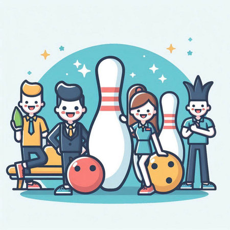 Business people playing bowling. Vector illustration. Cartoon style. Flat design.のイラスト素材