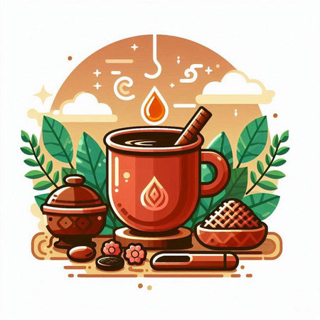 Cup of hot coffee with cinnamon sticks, honey and leaves. Vector illustration.のイラスト素材