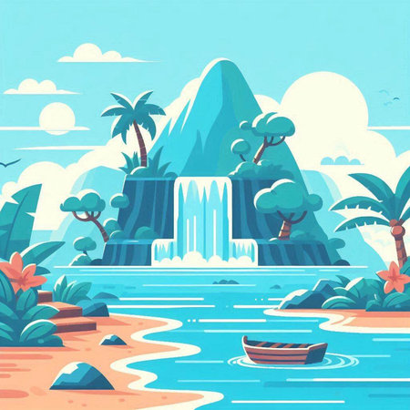 Waterfall on tropical island. Vector illustration in flat cartoon style.のイラスト素材