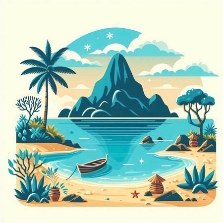 Tropical island with palm trees and rocks. Vector illustration.のイラスト素材