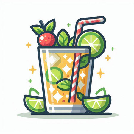 Mojito cocktail with lime, strawberry and mint. Vector illustration.のイラスト素材