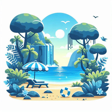 Tropical landscape with trees, beach chair, umbrella and waterfallsのイラスト素材
