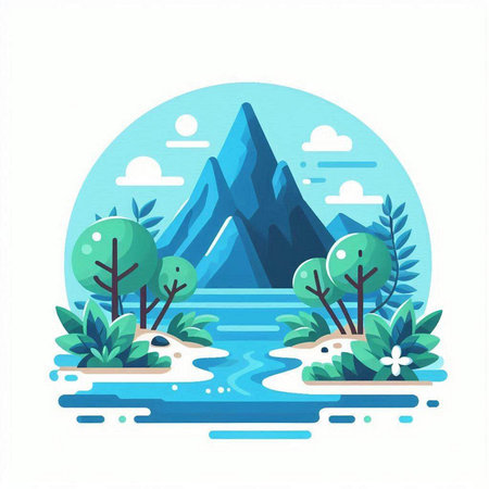 Mountains, forest and lake. Vector illustration in flat style.のイラスト素材