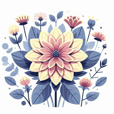 Vector illustration of dahlia flower and leaves. Floral background.のイラスト素材