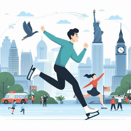People skating on ice rink in the city. Vector illustration in flat styleのイラスト素材