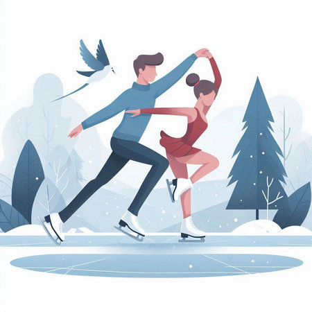 Couple ice skating on the ice in the park, vector illustrationのイラスト素材