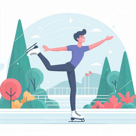 Man skating on the ice in the park. Vector illustration in flat styleのイラスト素材