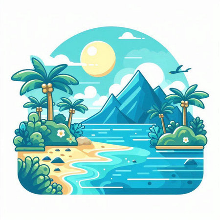 Summer landscape with mountains, palm trees and sea. Vector illustration.のイラスト素材