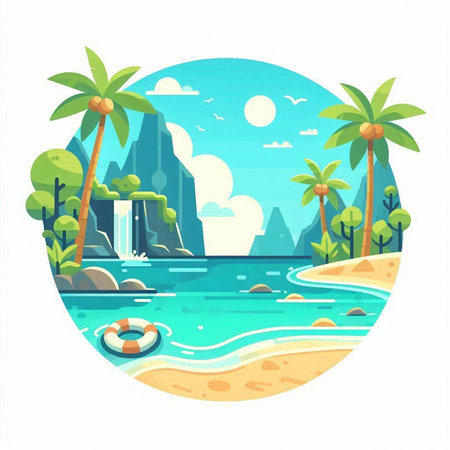 Tropical beach with palm trees, waterfalls and lifebuoy. Vector illustrationのイラスト素材