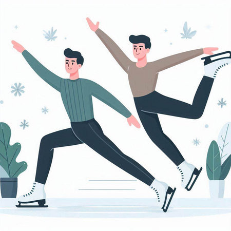 Two men ice skating on ice rink. Vector illustration in flat styleのイラスト素材