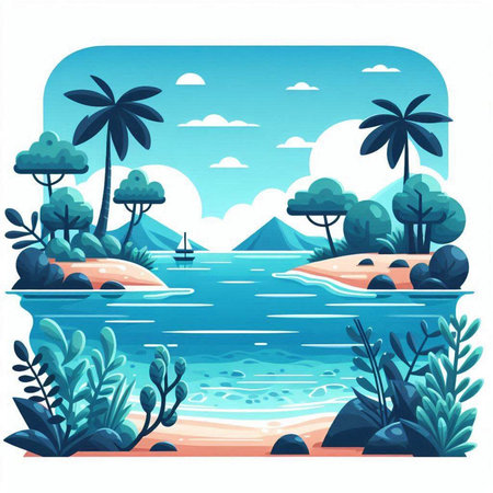 Sea landscape with palm trees and islands. Vector cartoon illustration in flat styleのイラスト素材