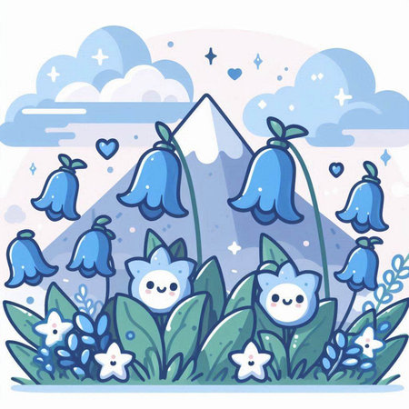Vector illustration of cute cartoon snowflakes, bluebells and mountains in the background.のイラスト素材