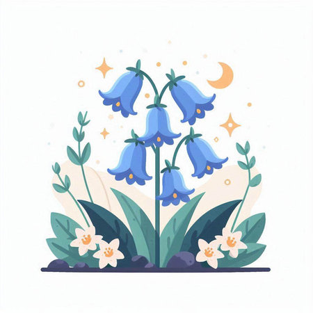 Bluebells with flowers, moon and stars. Vector illustration.のイラスト素材