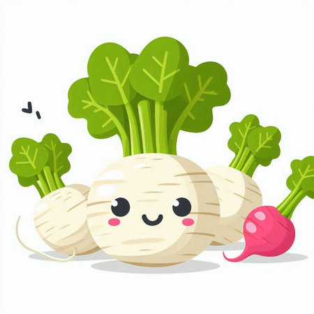 Cute kawaii turnip with radish. Vector illustration.のイラスト素材