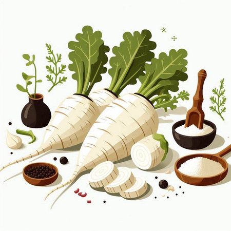 White radish with herbs and spices. Vector illustration on white background.のイラスト素材