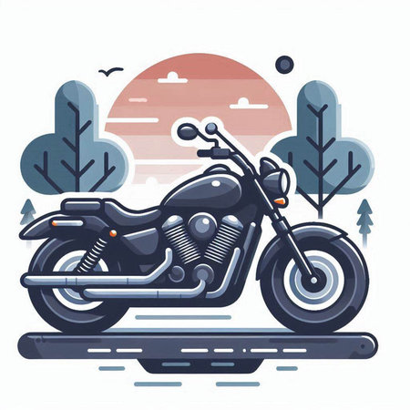 Motorcycle in the forest. Vector illustration in flat cartoon style.のイラスト素材