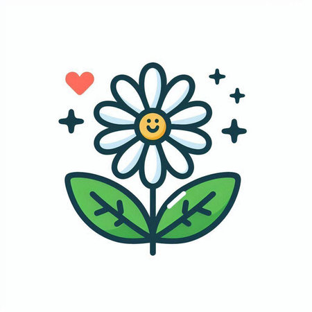 Chamomile flower with leaves and heart. Vector illustration.のイラスト素材