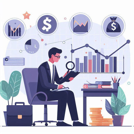 Businessman sitting at the office desk and looking at charts. Vector illustration.のイラスト素材