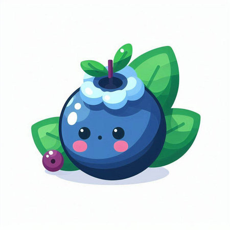 Cute cartoon blueberry character with green leaves. Vector illustration.のイラスト素材