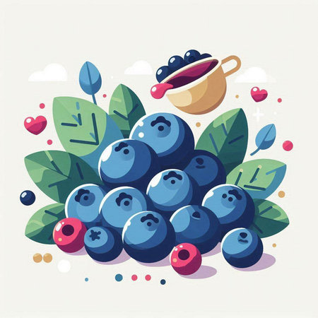Vector illustration of blueberries with leaves, berries and cup of coffeeのイラスト素材