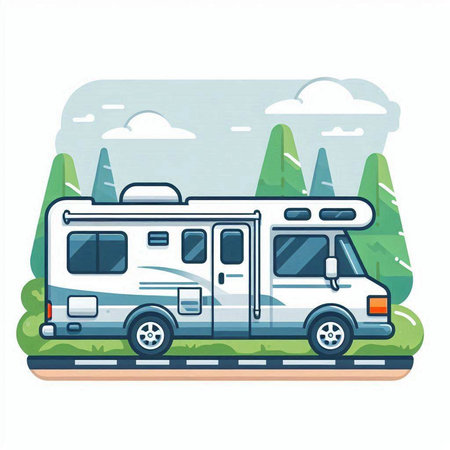 Camper car on the road. Vector illustration in flat style.のイラスト素材
