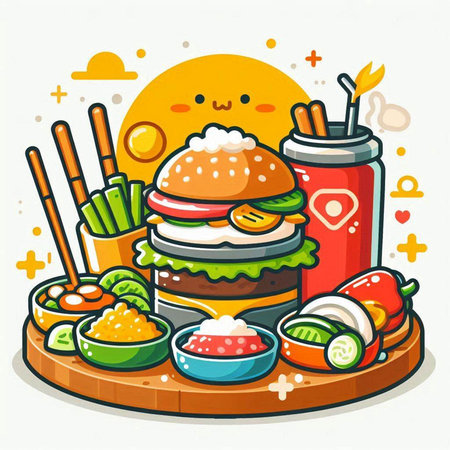 Kawaii fast food. Hamburger, sesame seeds, chopsticks, soy sauce, wasabi, wasabi, pickles. Vector illustration.のイラスト素材