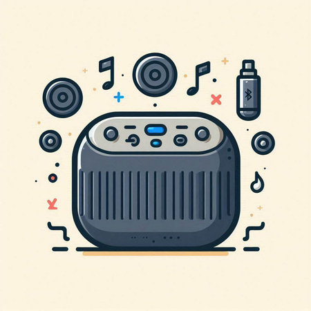 Music speaker with headphones. Vector illustration in flat linear style. Music concept.のイラスト素材