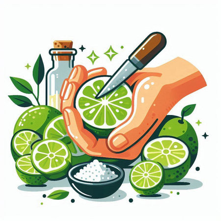 Vector illustration with hand holding limes and bottle of essential oil.のイラスト素材