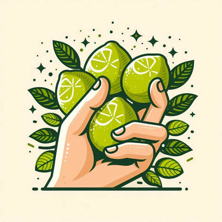 Vector illustration of hand holding limes with green leaves on white background.のイラスト素材