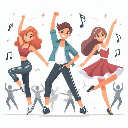 Group of young people dancing and having fun. Vector illustration in cartoon style.のイラスト素材