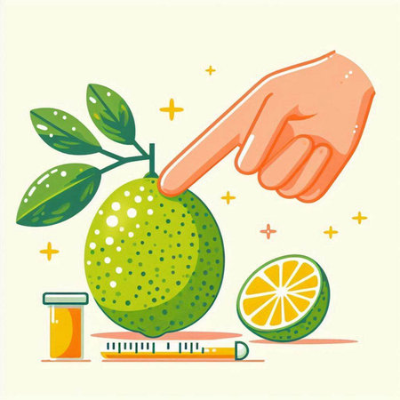 Lime citrus fruit and a hand holding a syringe. Vector illustration.のイラスト素材