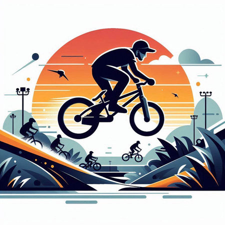 Bmx rider on the background of the sunset. Vector illustration.のイラスト素材