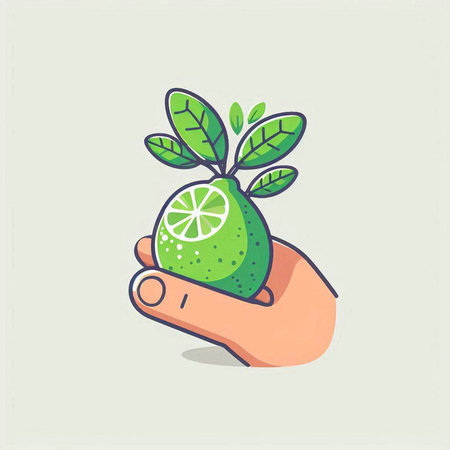 Hand holding a lime with green leaves. Vector illustration in flat styleのイラスト素材